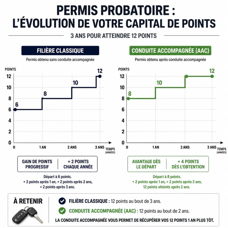 Infographie comparative de l'évolution des points du permis probatoire entre filière classique et conduite accompagnée