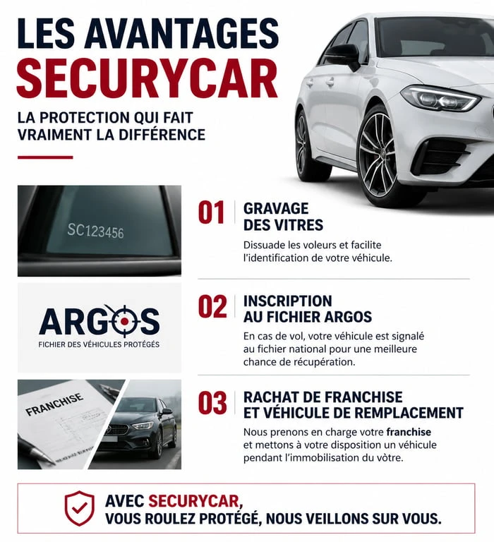 Avantages de la protection automobile Securycar : gravage, fichier ARGOS et garanties complémentaires.