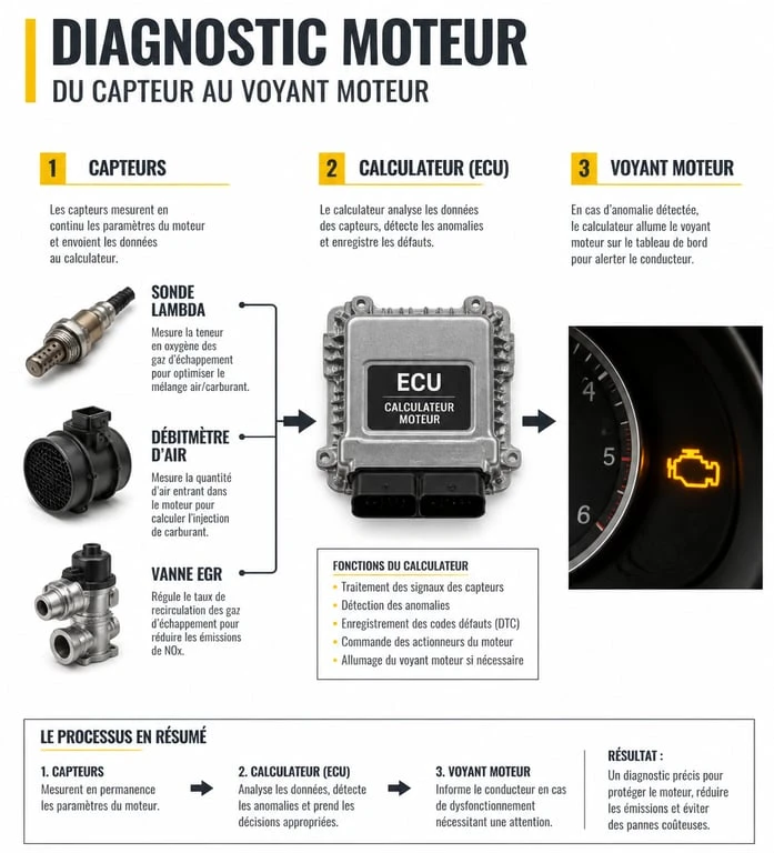 Schéma explicatif du système de diagnostic moteur OBD-II et des composants liés au voyant moteur