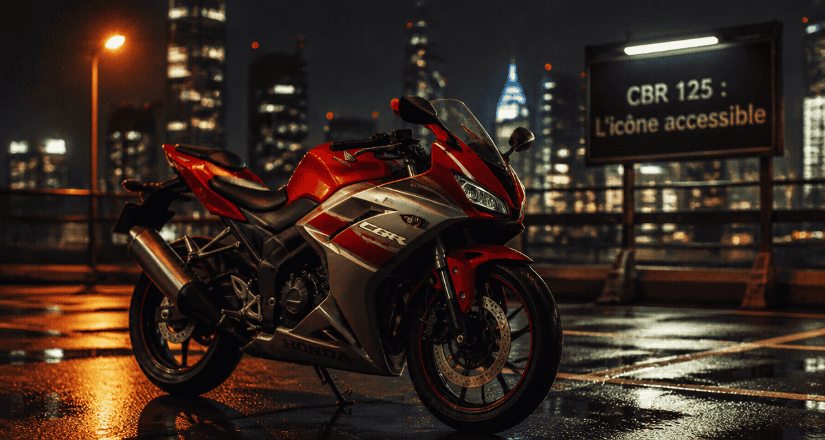 honda cbr 125 rouge stationnée en ville au crépuscule