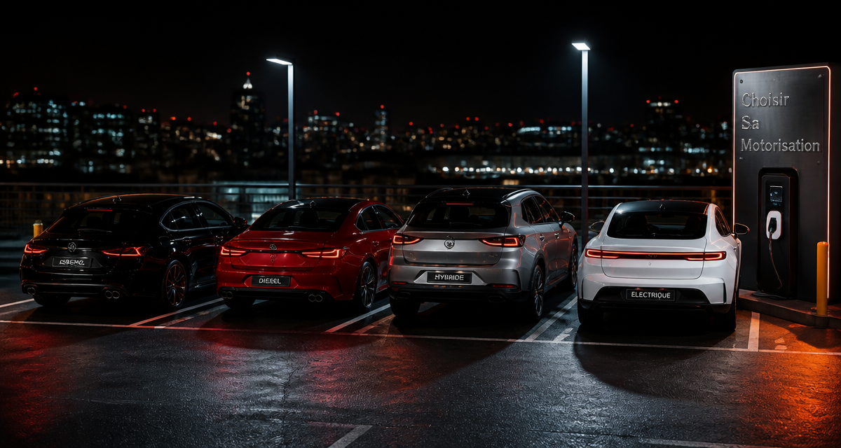 motorisation voiture quatre types alignés parking nuit