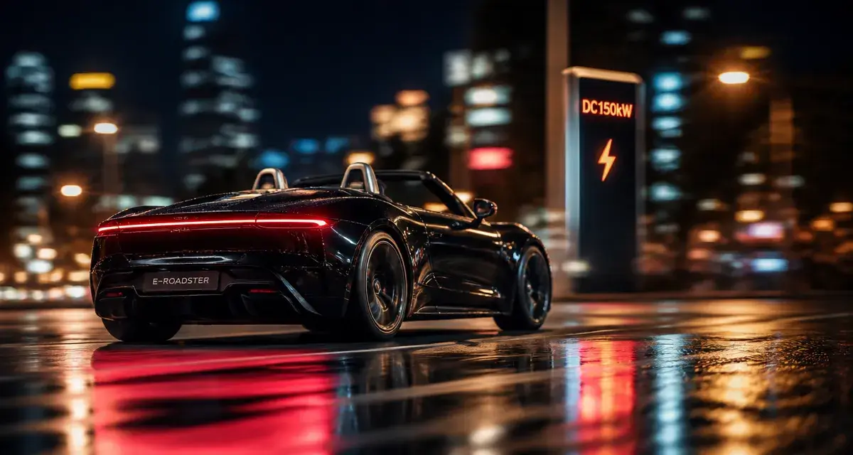 Cabriolet electrique noir, capote ouverte, 507 km autonomie, recharge DC rapide