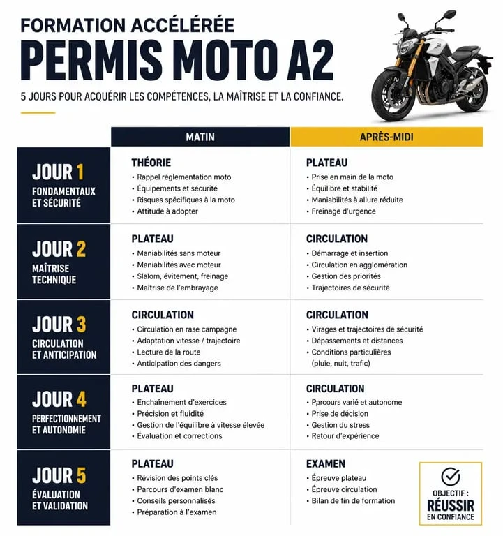 Planning type d'une formation permis accéléré moto sur 5 jours