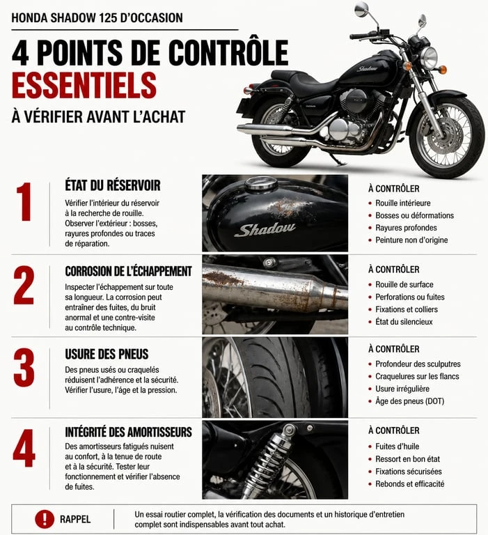 Infographie des points de contrôle pour l'achat d'une Honda Shadow 125 d'occasion