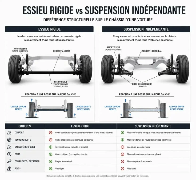 Schéma comparatif des types d'essieu voiture : rigide vs indépendant