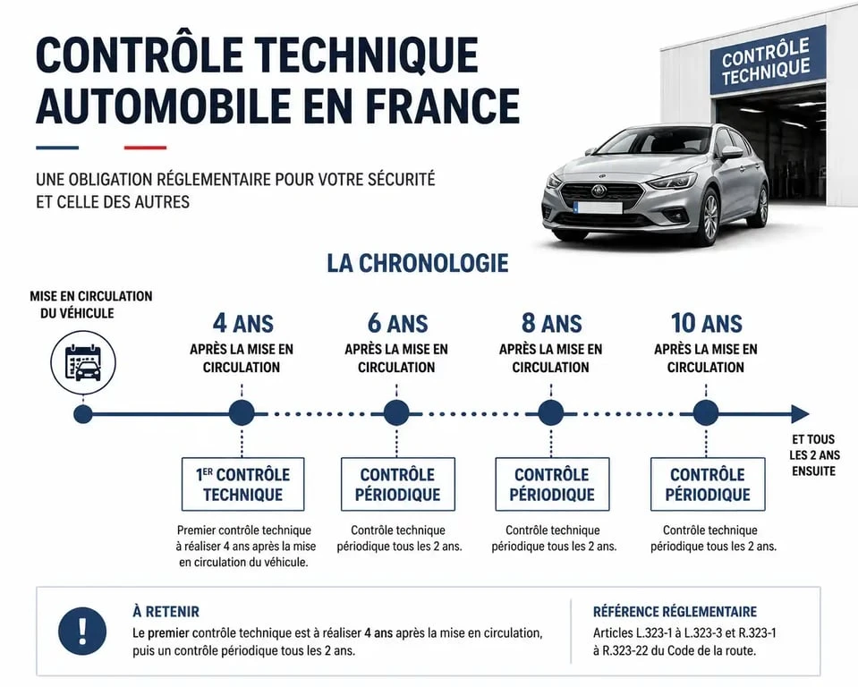 Infographie de la chronologie du contrôle technique pour voiture neuve en France