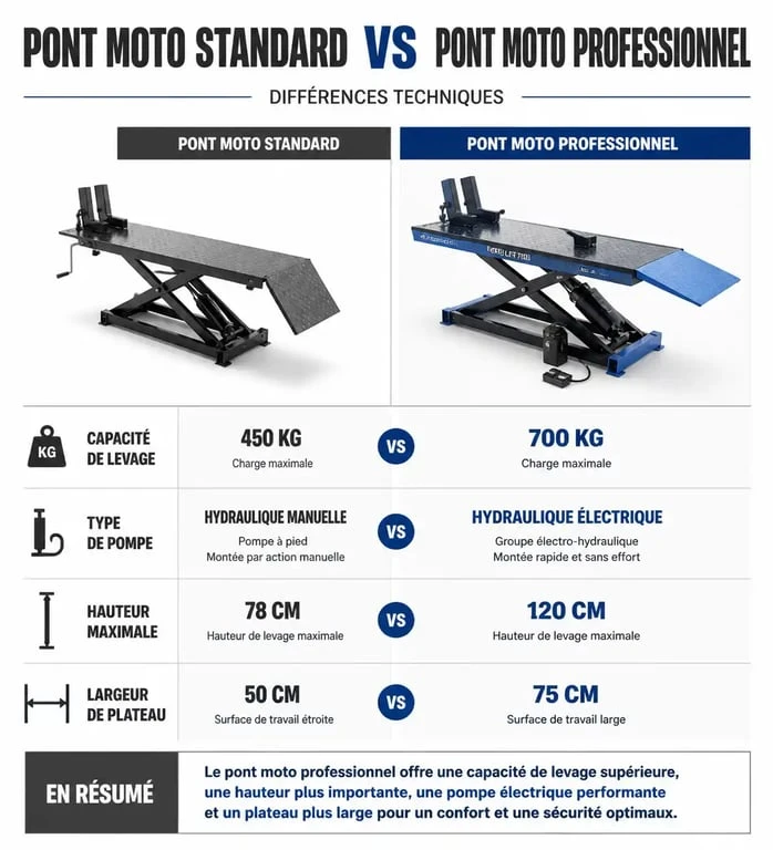 Infographie comparative des caractéristiques techniques entre un pont moto standard et un modèle professionnel pour atelier.