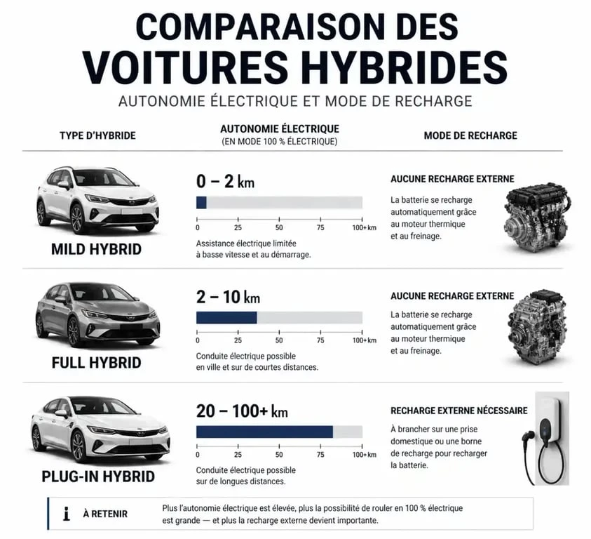 Comparatif des types de voiture hybride : Mild Hybrid, Full Hybrid et Plug-in Hybrid
