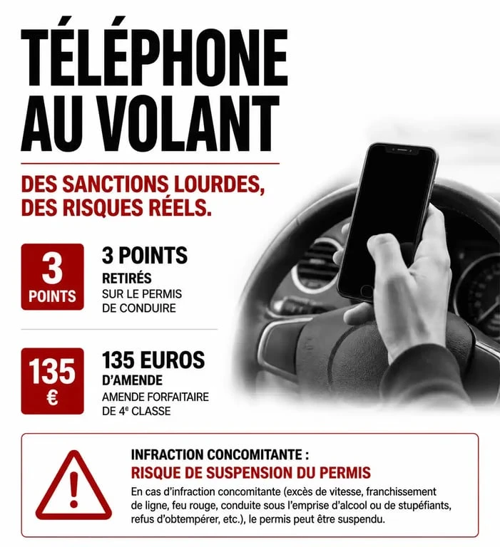 Infographie des sanctions pour téléphone au volant : retrait de points et amende