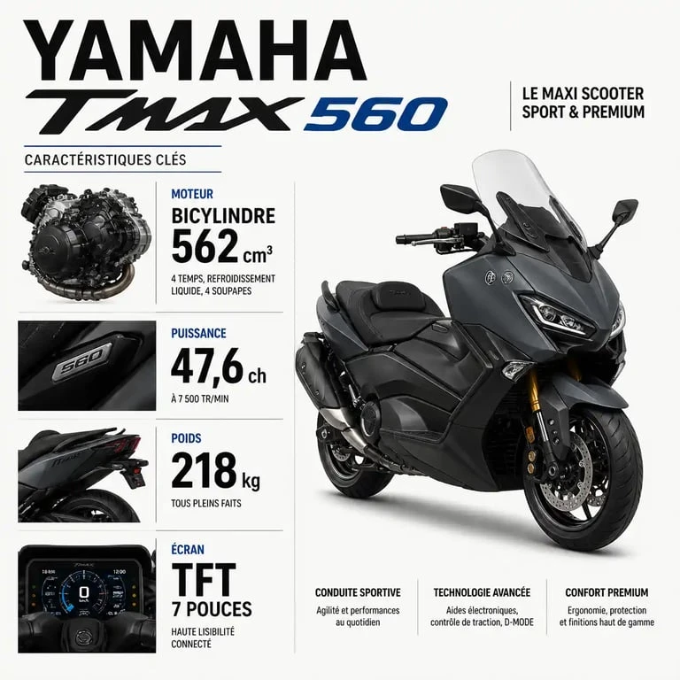Infographie des caractéristiques techniques du scooter Yamaha TMAX 560