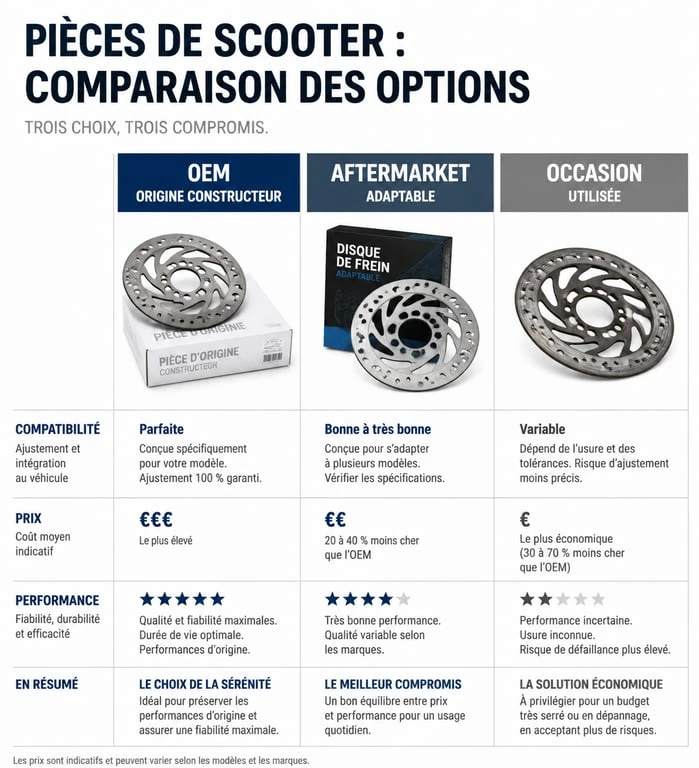Comparatif des types de pièces détachées pour scooter : origine, adaptable et occasion