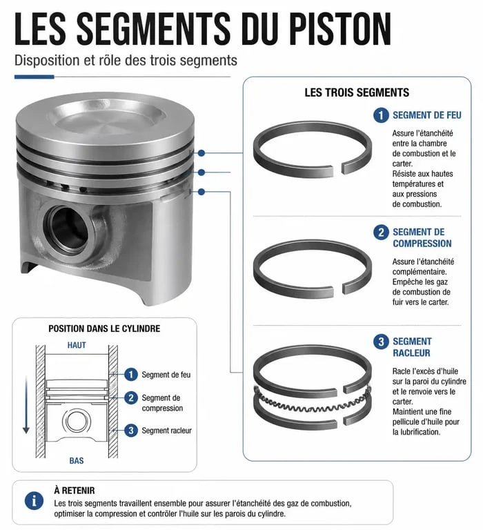 Schéma technique des trois segments d'un piston moteur : feu, compression et racleur