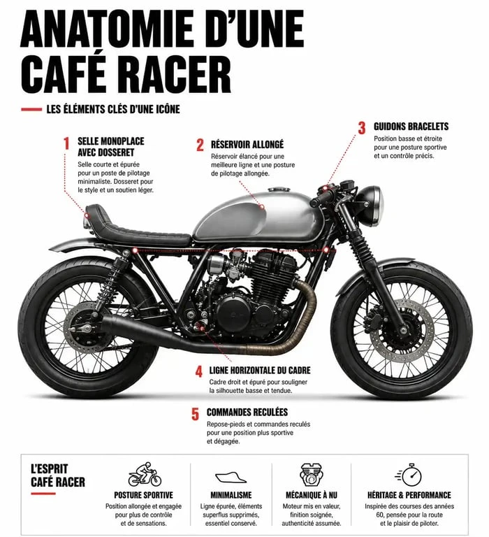 Schéma technique de l'anatomie d'une moto café racer avec ses composants caractéristiques