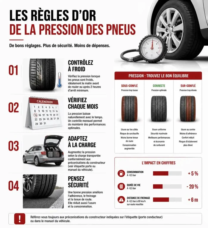 Infographie sur les règles d'or pour la pression des pneus de voiture et l'entretien des pneumatiques