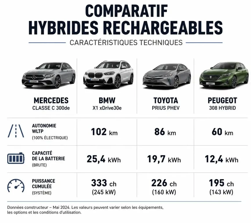 Comparatif des caractéristiques techniques du meilleur hybride rechargeable : Mercedes, BMW, Toyota et Peugeot.