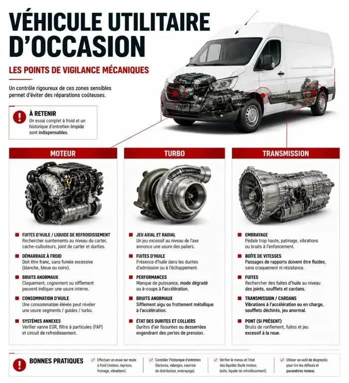 Infographie des points de vigilance mécaniques pour éviter l'achat d'un utilitaire à problèmes