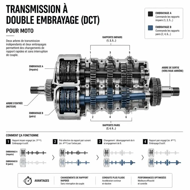 Schéma de fonctionnement d'une transmission automatique DCT sur une moto automatique