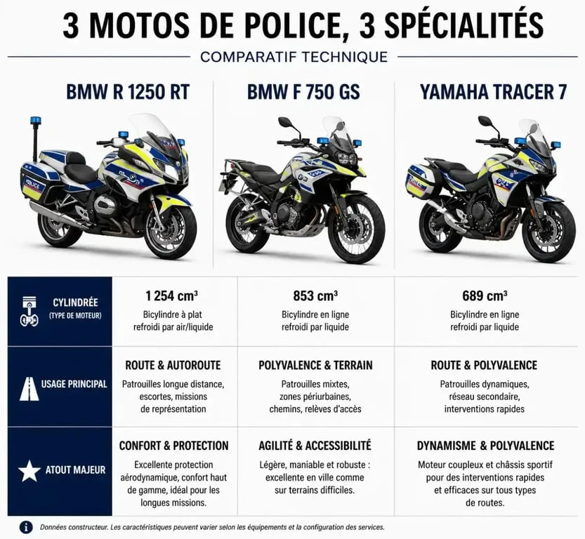 Tableau comparatif des caractéristiques techniques des motos de police utilisées par les forces de l'ordre