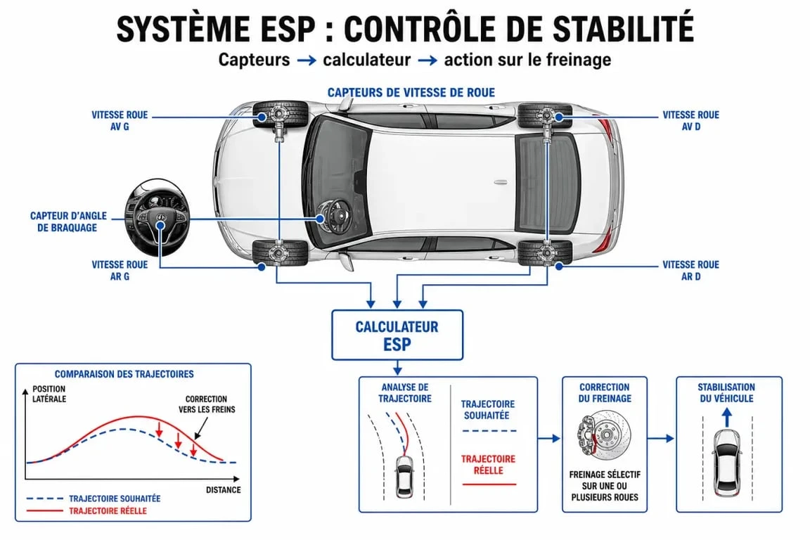 Schéma explicatif du fonctionnement du système ESP et du voyant voiture qui glisse sur le tableau de bord