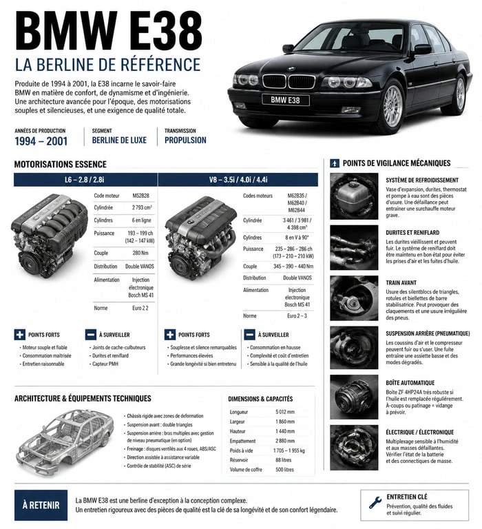 Infographie technique BMW E38 : motorisations et points de vigilance pour l'achat d'occasion