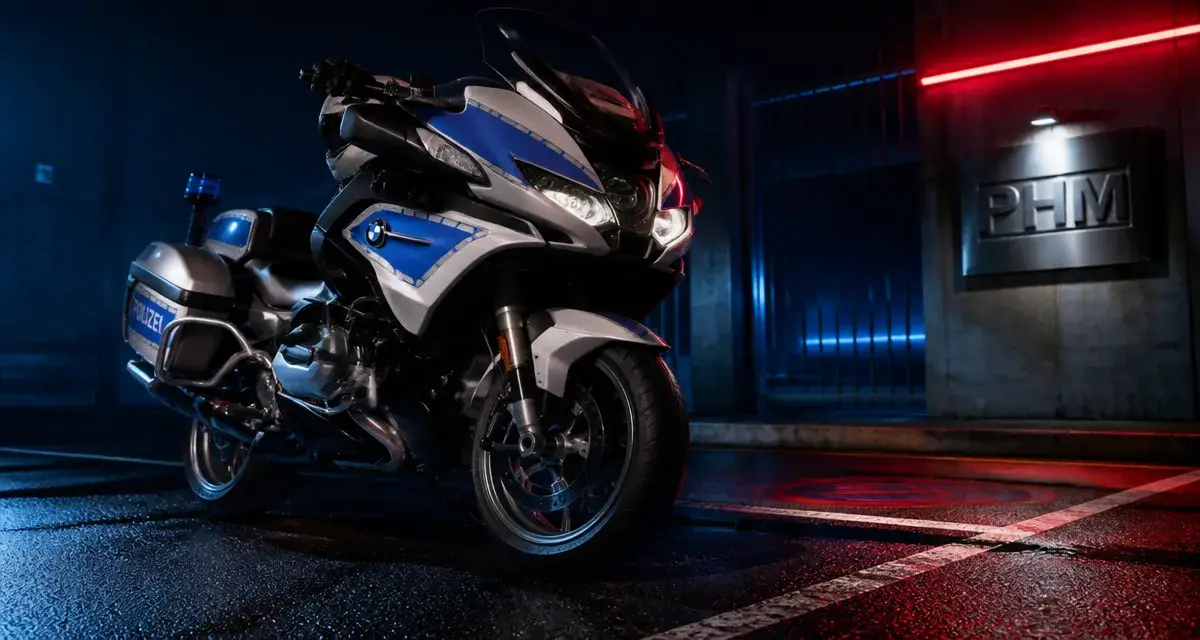 moto de police BMW RT de patrouille de nuit devant le commissariat