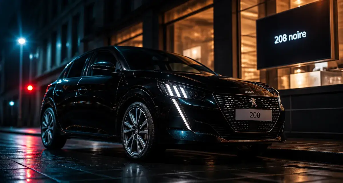 Peugeot 208 noire Perla Nera en ville de nuit