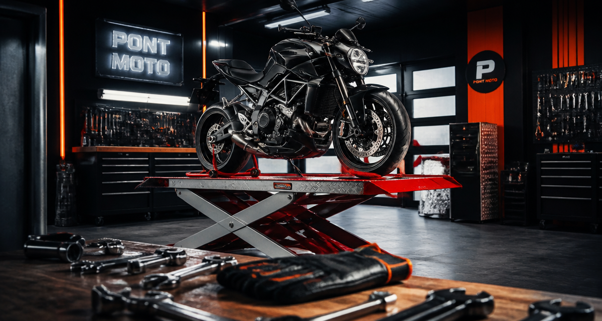 pont moto rouge surélevé dans garage moderne
