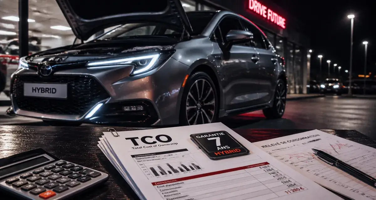 Voiture hybride meilleur rapport qualité-prix 2025, vue showroom, tableau TCO