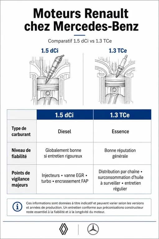Tableau comparatif de fiabilité des moteurs Renault montés sur Mercedes-Benz : 1.5 dCi et 1.3 TCe pour évaluer la fiabilité moteur renault mercedes.