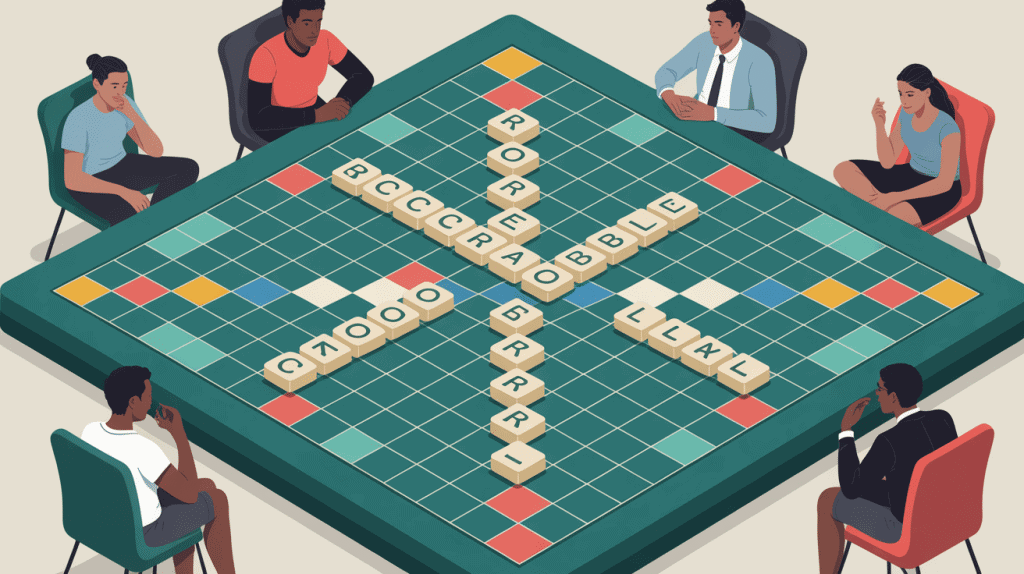 ro au scrabble sur plateau avec joueurs en ambiance compétitive