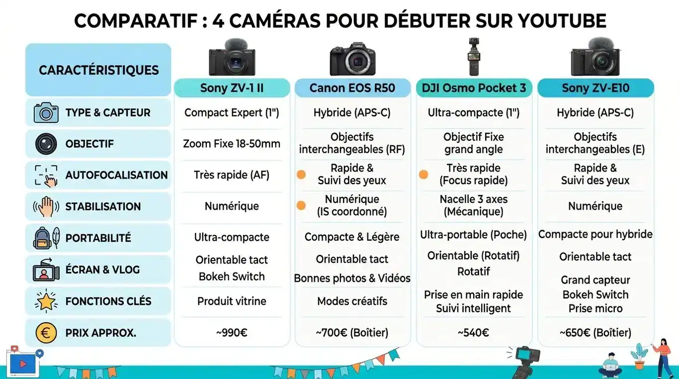 Infographie comparative des meilleures caméras pour débuter sur YouTube