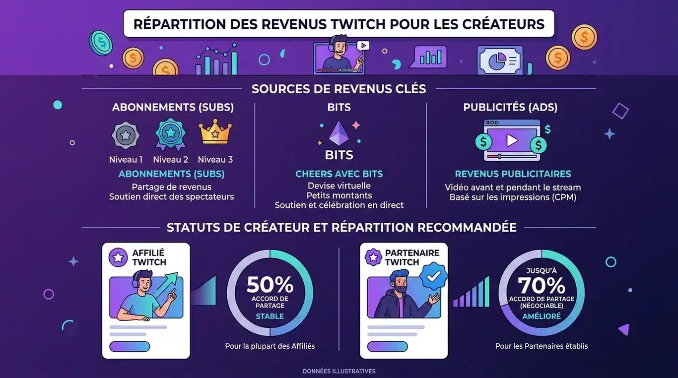 Infographie récapitulative des sources de revenus Twitch et répartition des gains par statut