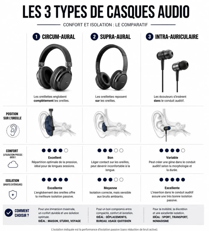 Infographie comparative pour choisir son casque audio : circum-aural, supra-aural et intra-auriculaire