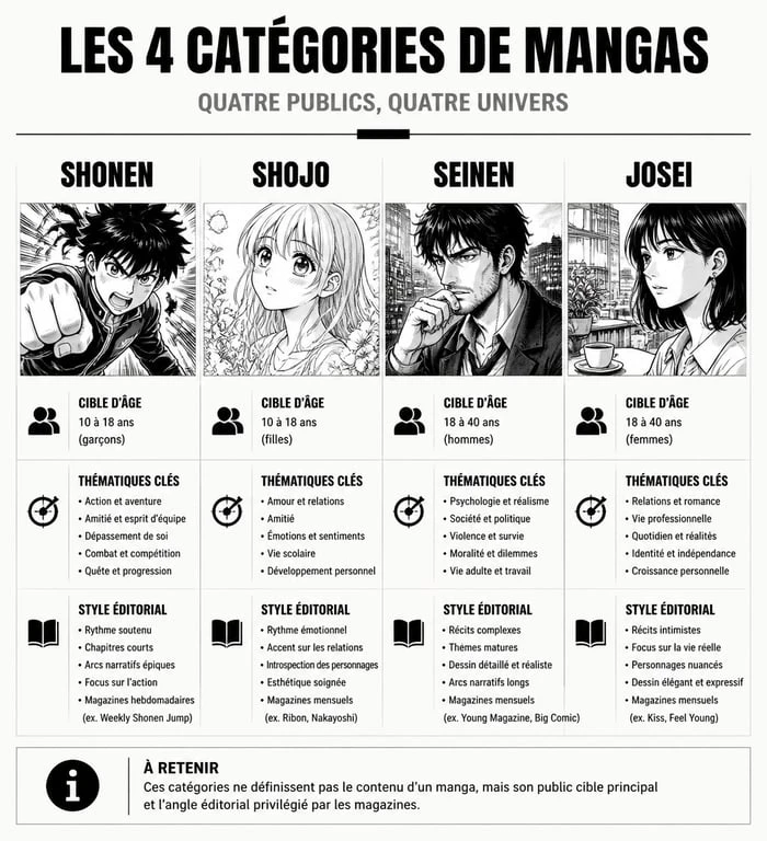 Infographie comparative des catégories de manga : Shonen, Shojo, Seinen et Josei