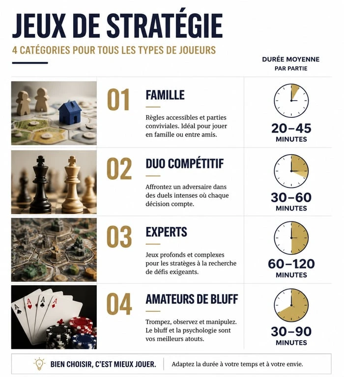 Infographie comparative des types de jeux de stratégie selon le profil des joueurs et la durée des parties.