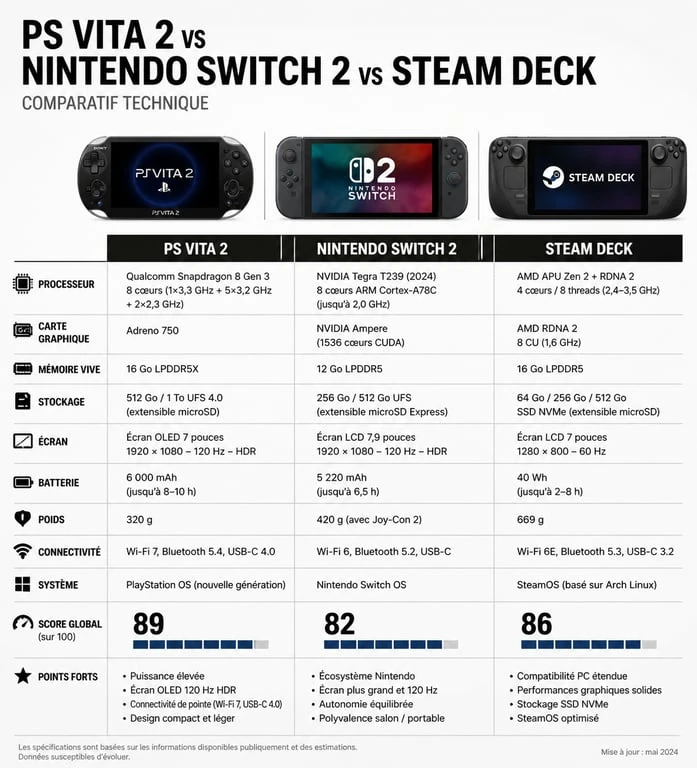 Comparatif technique des consoles portables PS Vita 2, Nintendo Switch 2 et Steam Deck