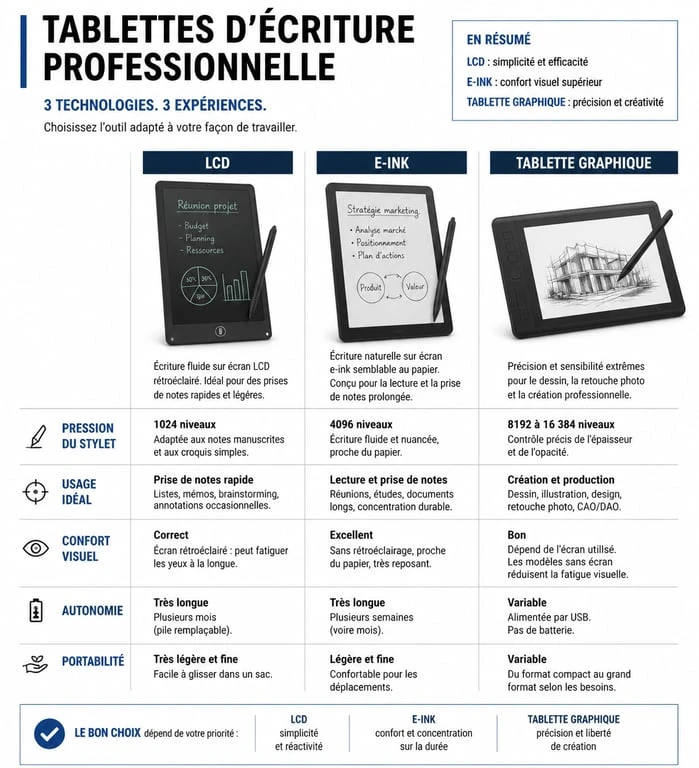 Comparatif des technologies de tablettes d'écriture professionnelle : LCD, E-ink et tablettes graphiques