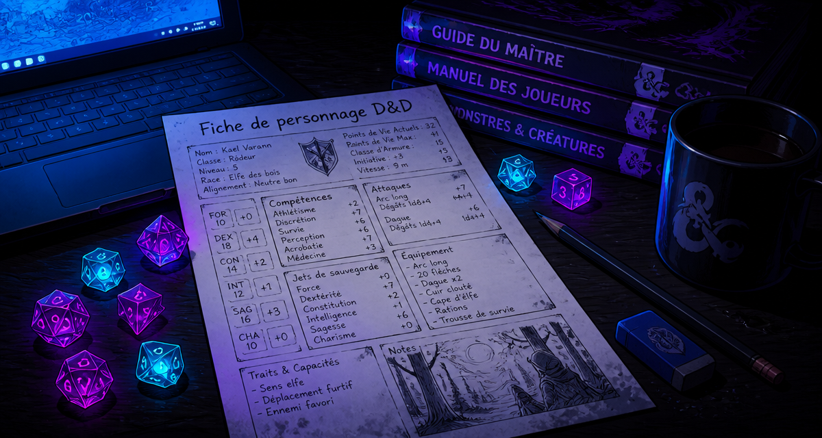 fiche personnage d d manuscrite dés polyédriques
