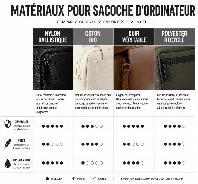 Infographie comparative des matériaux pour sacoche ordinateur 15 pouces : nylon, coton, cuir et polyester.