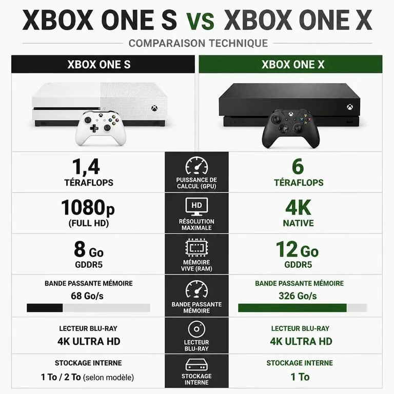 Infographie comparative des caractéristiques techniques entre la Xbox One X et la Xbox One S pour aider au choix de la console.