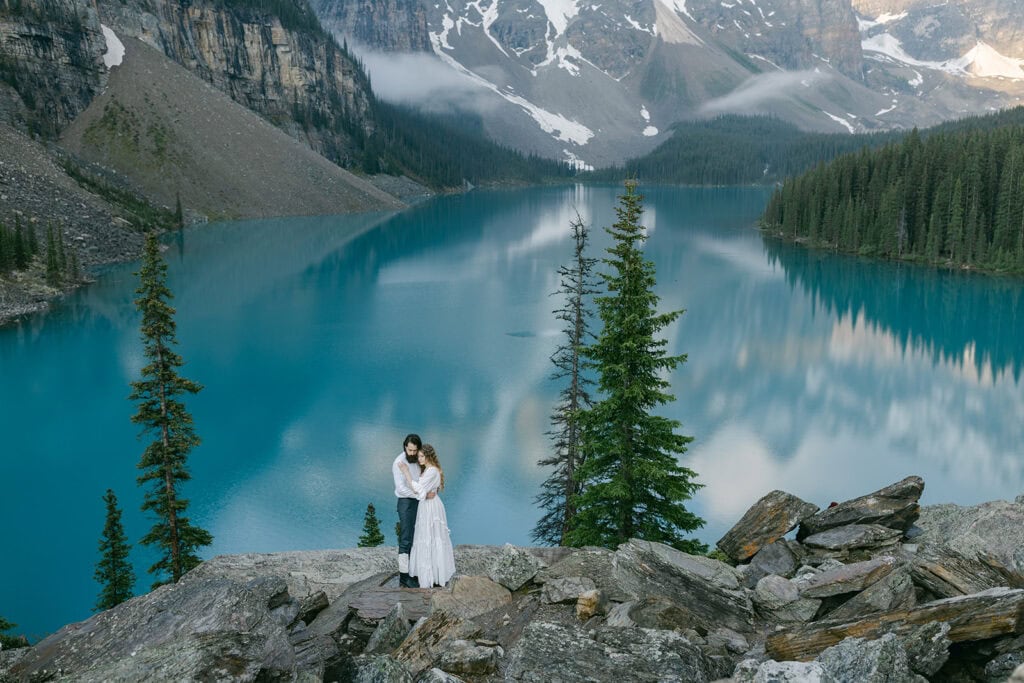 Banff wedding ceremony beside a crystal-clear mountain lake
