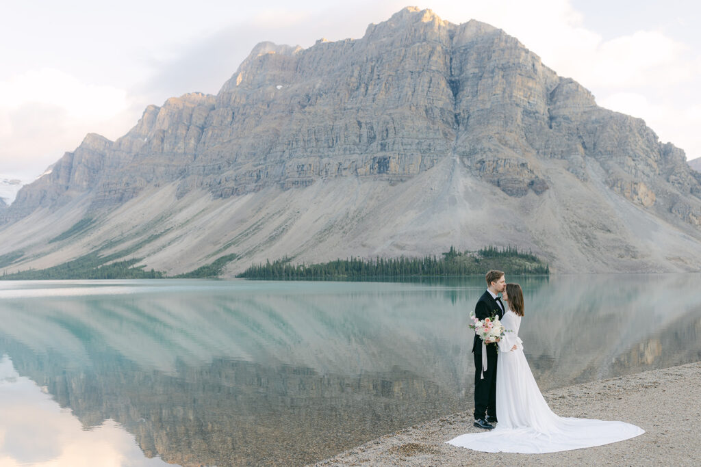 Banff elopement photographer photographing a romantic couple in Banff National Park