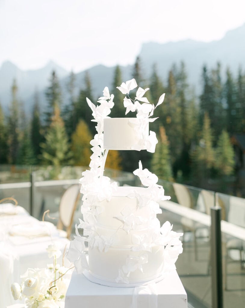 Canmore elopement cake with forest and rugged mountain scenery