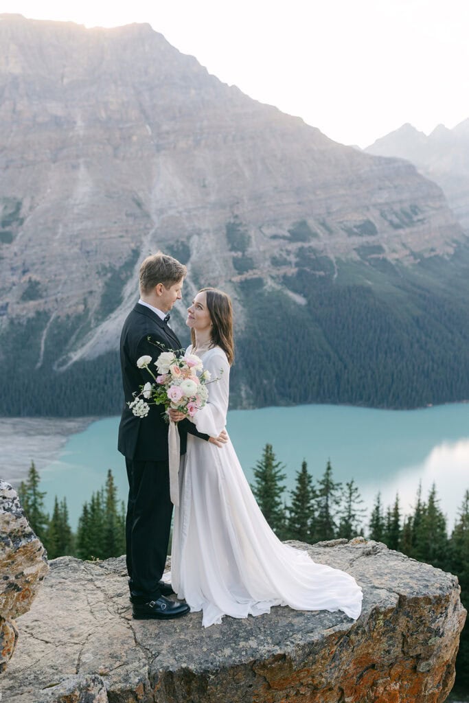 Peyto Lake elopement with intimate vow exchange in Banff National Park