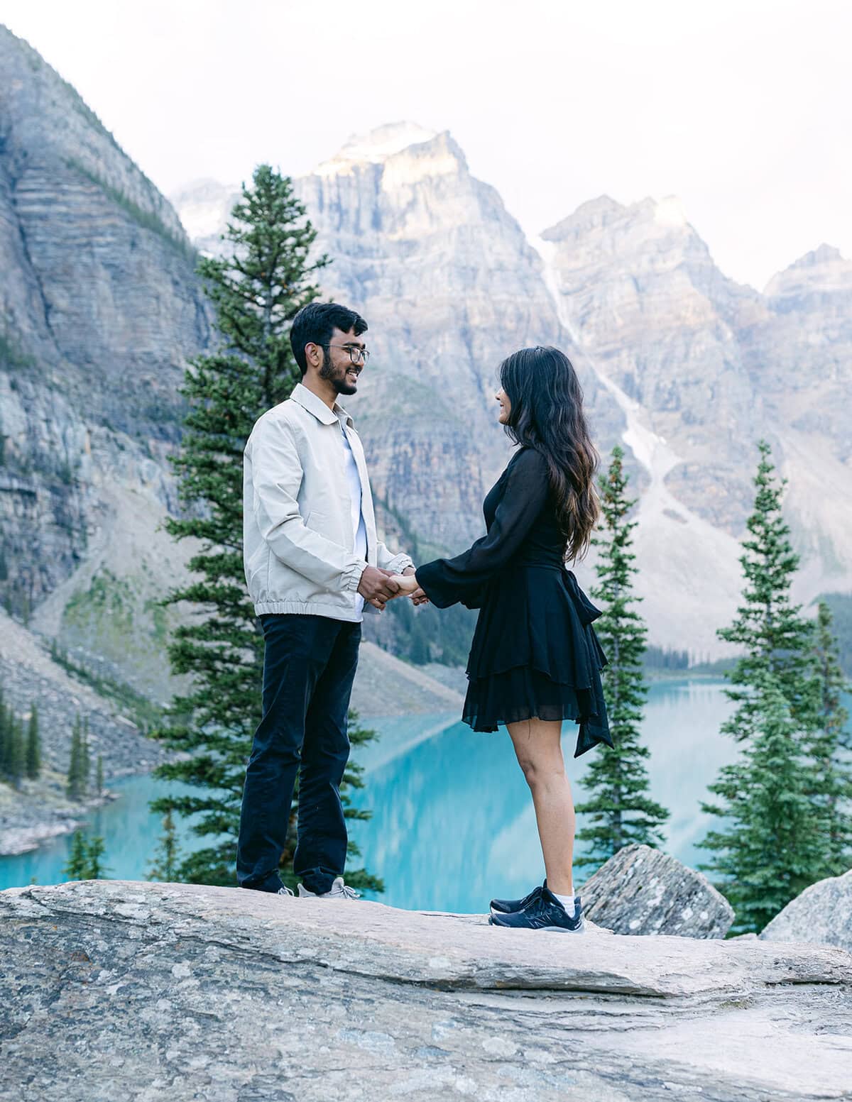 Romantic pre-wedding shoot in Banff during golden hour in the Canadian Rockies