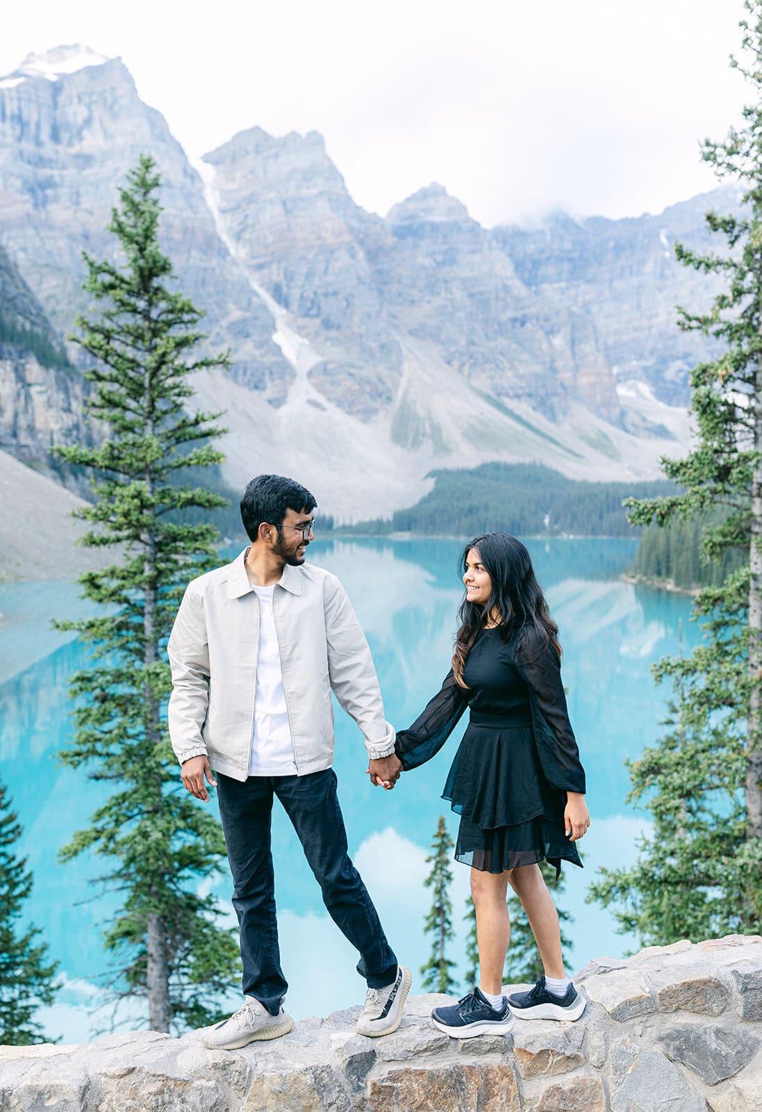Sunrise pre-wedding shoot in Banff with soft light and glacier peaks