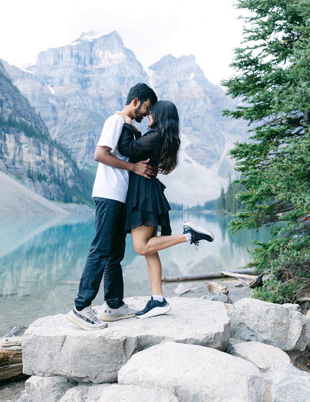 Intimate pre-wedding shoot in Banff surrounded by forest and mountains