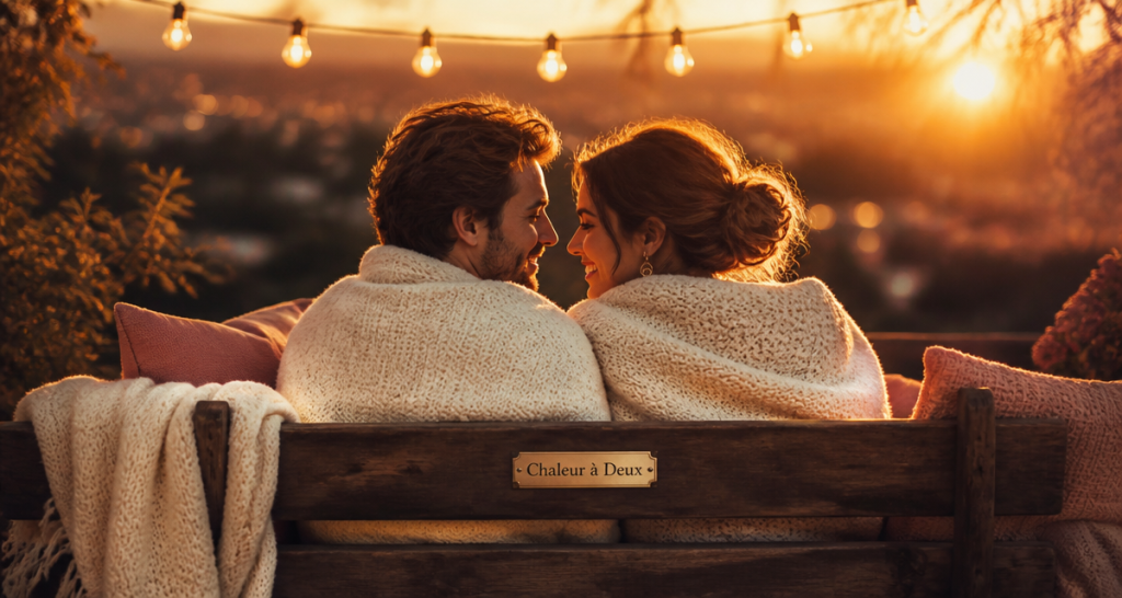 couple amoureux chaud sur banc au soleil