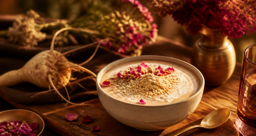 Maca pour les femmes, smoothie et racine sur table