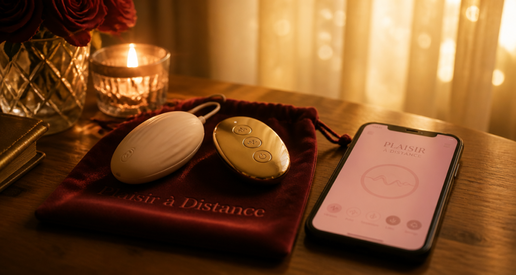 sextoy telecommande sur table en bois avec telecommande et pochette